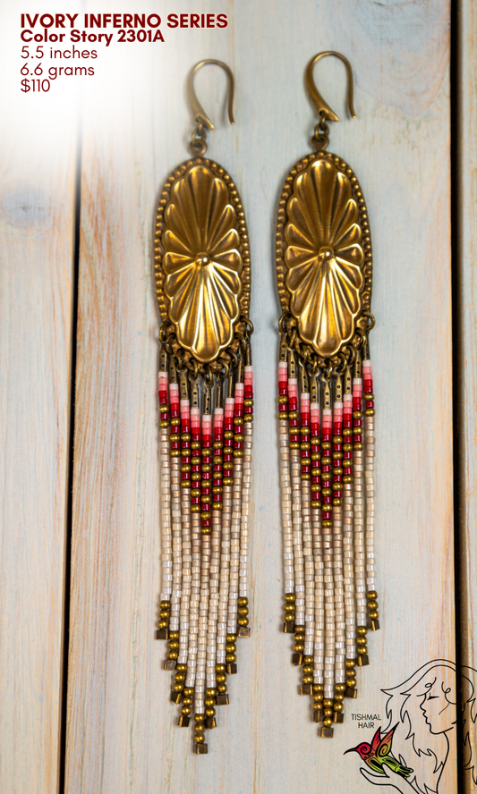 Fringe Drop Seed Bead Earrings Ivory Inferno Series Color Story 2301A