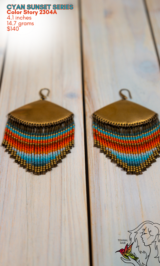 Fringe Drop Seed Bead Earrings Cyan Sunset Series Color Story 2304A