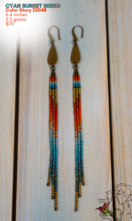 Fringe Drop Seed Bead Earrings Cyan Sunset Series Color Story 2304B