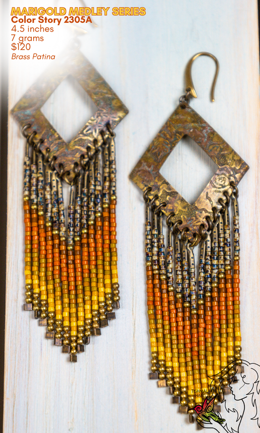 Fringe Drop Seed Bead Earrings Marigold Medley Series Color Story 2305A