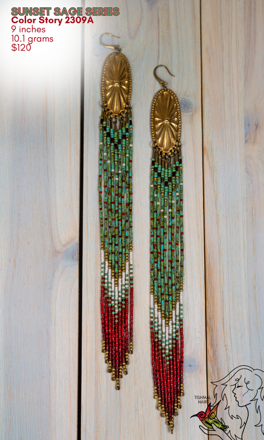 Fringe Drop Seed Bead Earrings Sunset Sage Series Color Story 2309A