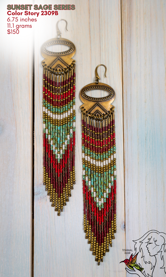 Fringe Drop Seed Bead Earrings Sunset Sage Series Color Story 2309B