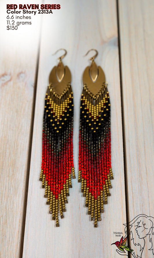 Fringe Drop Seed Bead Earrings Red Raven Series Color Story 2313A