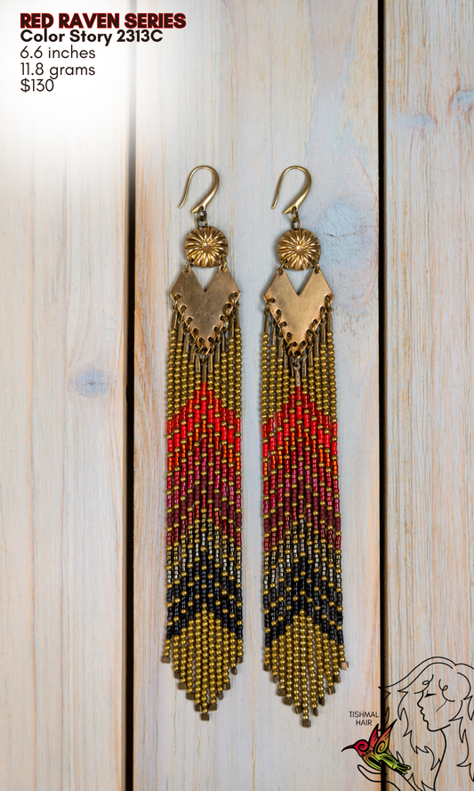 Fringe Drop Seed Bead Earrings Red Raven Series Color Story 2313C