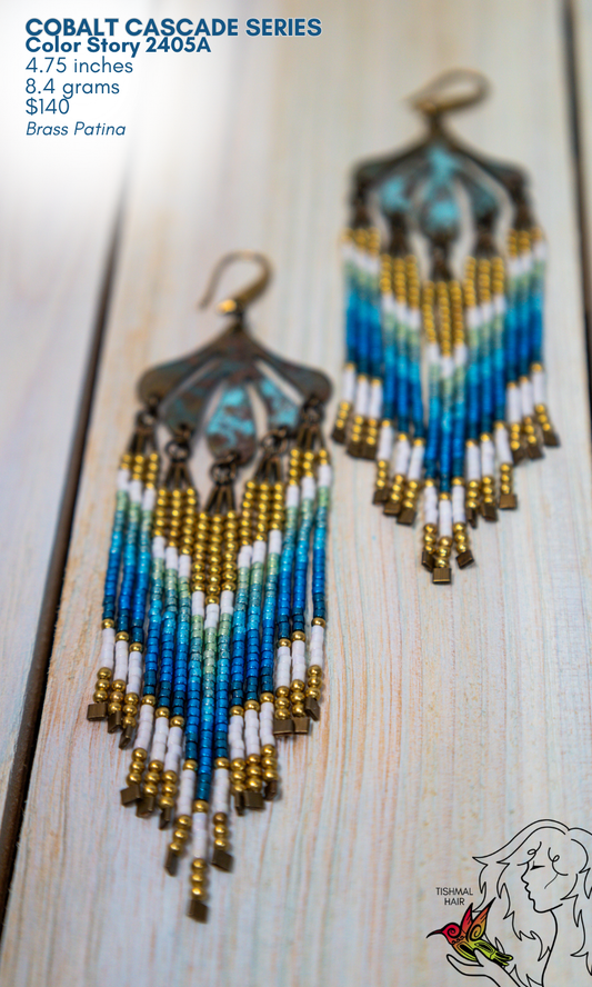 Fringe Drop Seed Bead Earrings Cobalt Cascade Series Color Story 2405A